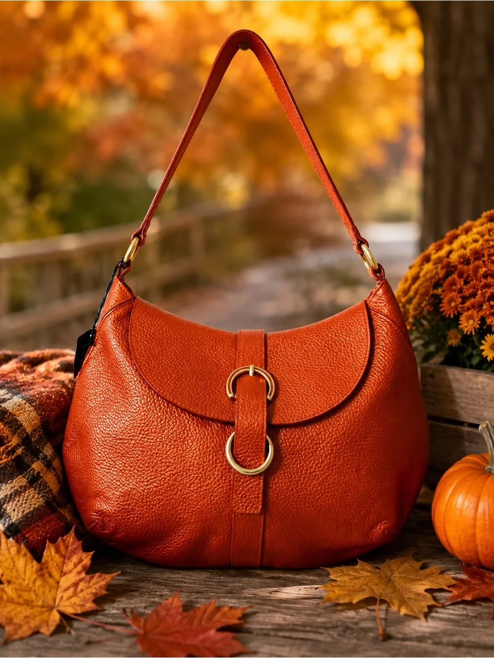 NWT Furla Pumpkin Pebbled Leather Hobo Shoulder Bag -Made in Italy